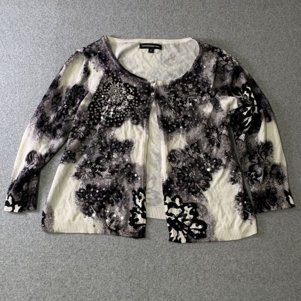 Express Design Studio Women's M Sequin Floral Cardigan Black Ivory 3/4 Sleeve